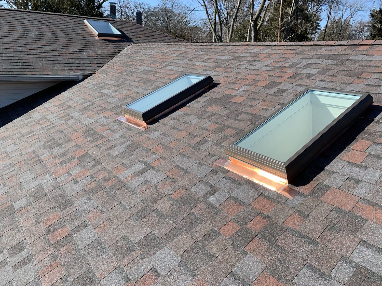 Two skylights with copper flashing